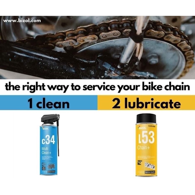 Bộ đôi sản phẩm làm sạch và bôi trơn xích cho xế độp/xe đạp, ngựa sắt/xe máy của #Bizol c34/l53